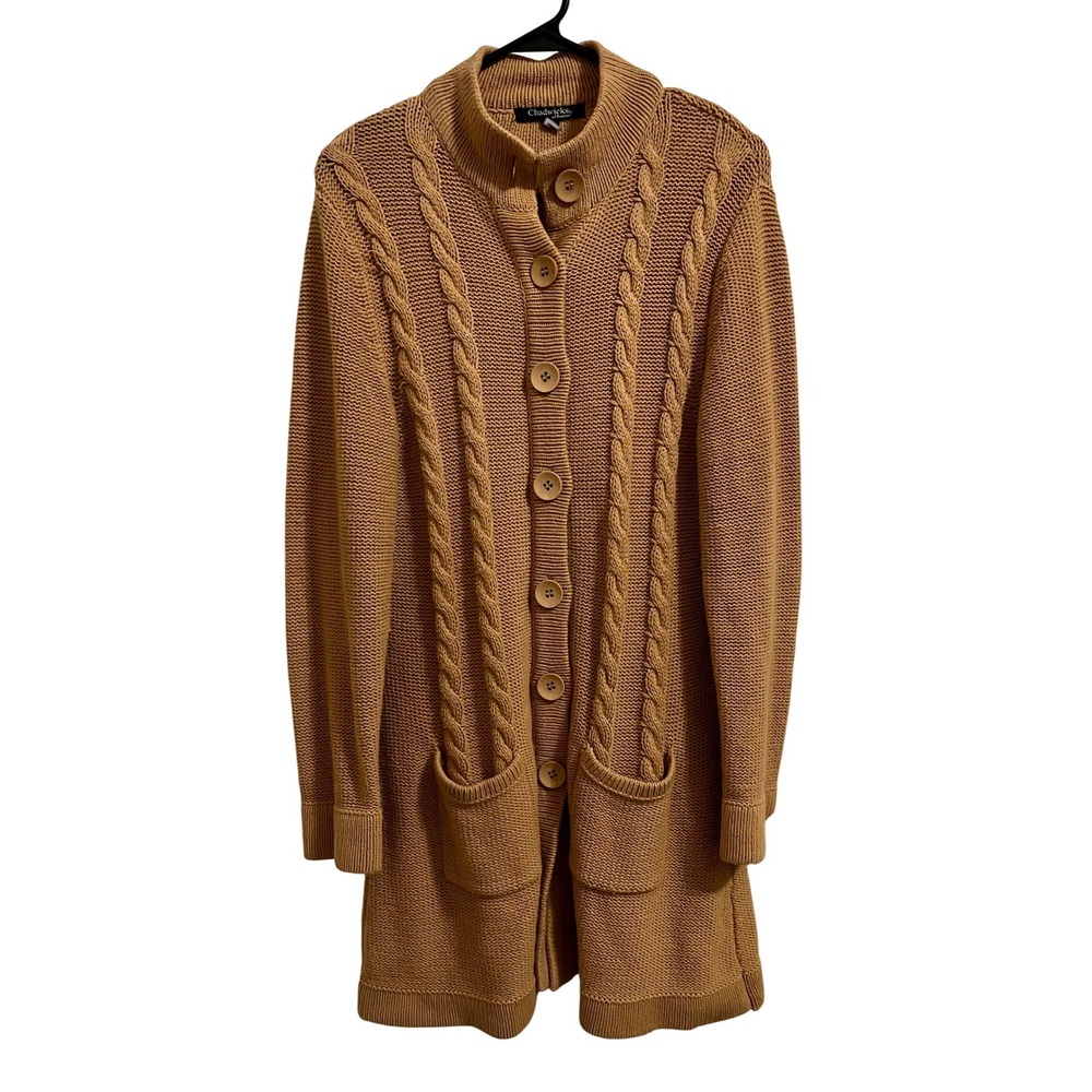 Vintage Chadwick's Cable Knit Longline Cardigan Sweater Camel Tan Size Large - Picture 2 of 10